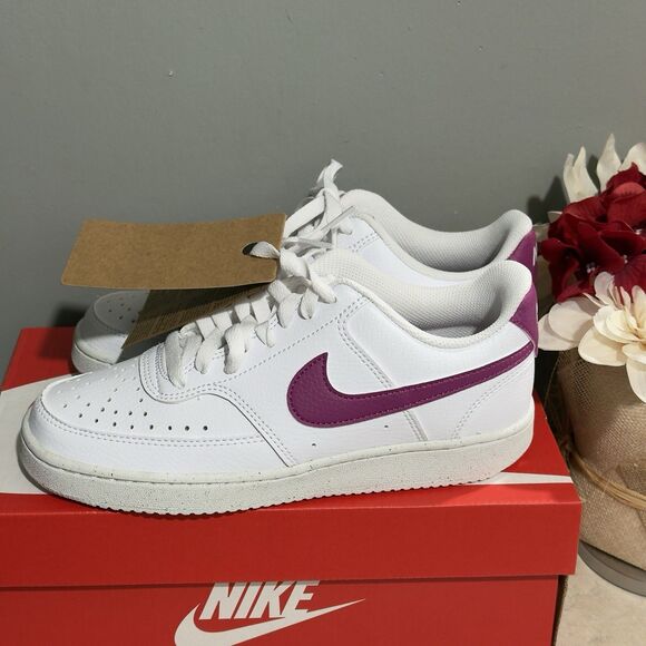 NEW Women Nike Court Vision Low Next Nature Shoes US 9.5 White W/Magenta Swoosh - Picture 12 of 16